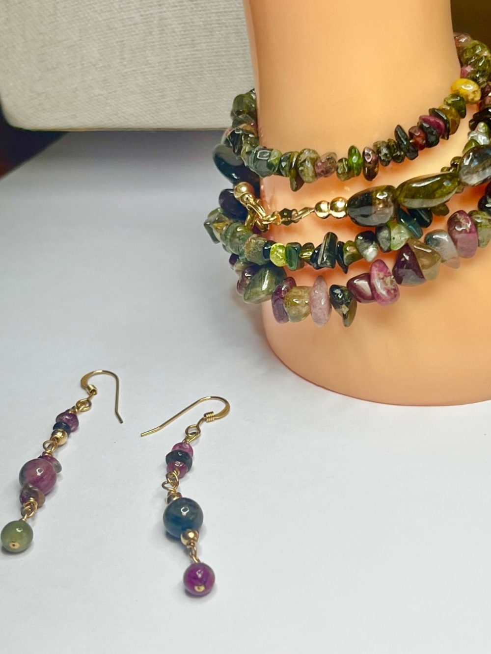 14k Gold-Filled Watermelon Tourmaline Jewelry Set Necklace Earrings